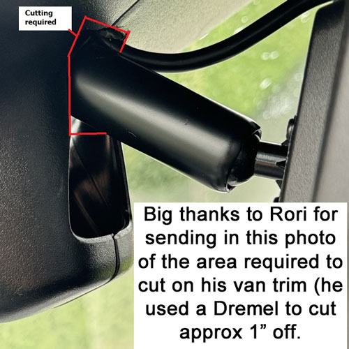 Image showing the 1 inch modfication required for bracket type options to be fitted on vans with plastic trim where the mirror is located on the windscreen